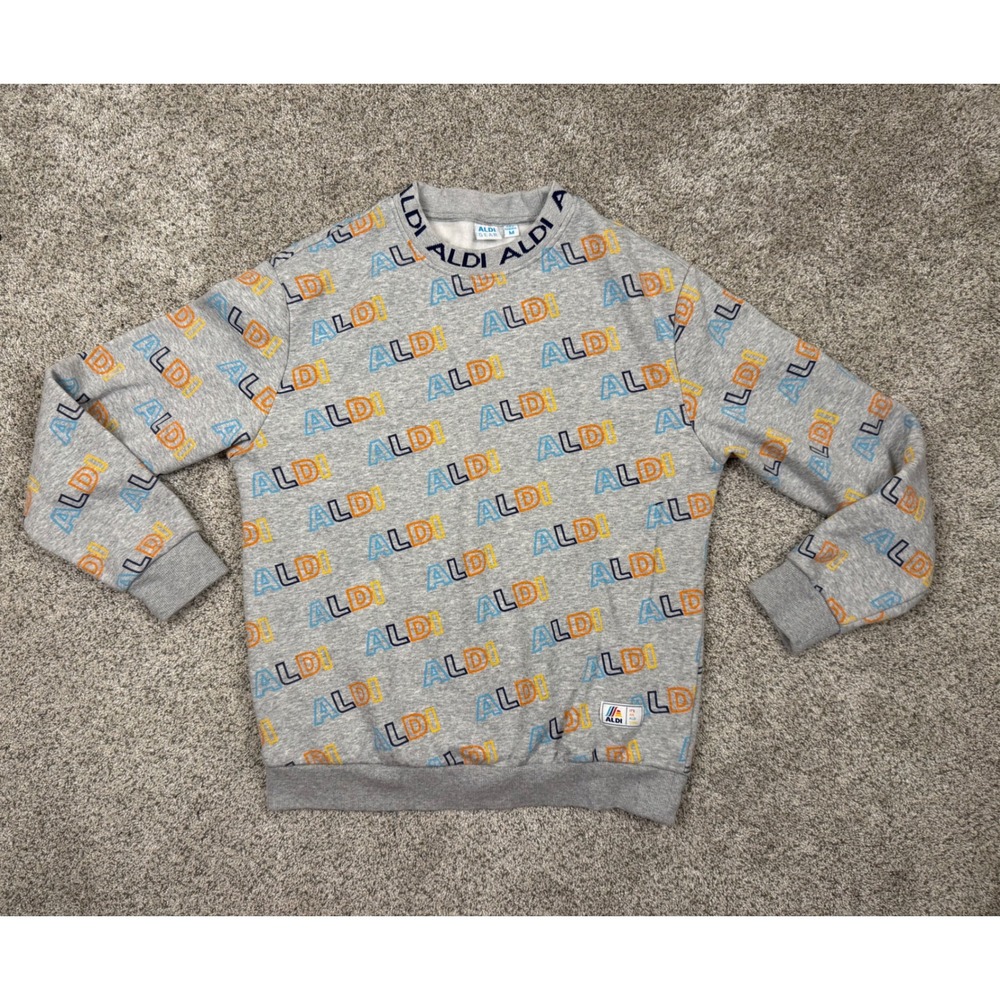 Aldi Gear Gray All Over Logo Print Sweatshirt Pullover Crewneck Womens Medium